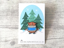 Load image into Gallery viewer, Little brown bear wearing a blue jumper and matching socks enamel pin