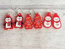 Load image into Gallery viewer, Christmas earrings, Red frosted acrylic, cute, sterling silver hooks, Christmas gingerbread men, snowmen or penguins