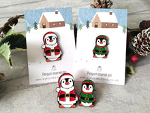 Load image into Gallery viewer, Christmas penguin enamel pins, Father Christmas and a smaller matching Christmas elf. Boo the penguin, Christmas brooch