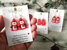 Load image into Gallery viewer, Christmas earrings, Red frosted acrylic, cute, sterling silver hooks, Christmas gingerbread men, snowmen or penguins in red scarves