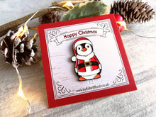Load image into Gallery viewer, Happy Christmas Santa penguin enamel pin, Father Christmas. The backing card says Happy Christmas so can be sent as a sweet gift