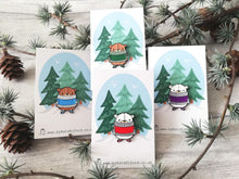 Load image into Gallery viewer, Bears in jumpers enamel pin, polar bear and brown bear brooches, a choice of four colours, red, blue, green or purple winter jumper, cute enamel pins