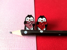 Load image into Gallery viewer, Little penguin and red or pink glitter heart pin. Cute penguin enamel pin. Sending love and a penguin