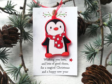 Load image into Gallery viewer, Christmas gift decorations. Red frosted acrylic penguin. Cute Christmas tree ornaments