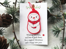 Load image into Gallery viewer, Christmas gift decorations. Red frosted acrylic snowman. Cute Christmas tree ornament