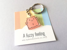 Load image into Gallery viewer, A fuzzy feeling keyring, cute happy, love, positive key fob, friendship, support, care, recycled acrylic