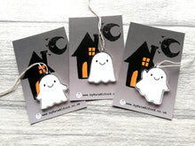 Load image into Gallery viewer, Set of three small recycled acrylic ghosts. Cute happy little ghost ornaments.