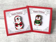 Load image into Gallery viewer, Santa or elf penguin enamel pins, Father Christmas and Christmas elf. Happy Christmas backing cards