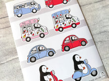 Load image into Gallery viewer, Road trip vinyl sticker sheet, Wilf the penguin