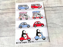 Load image into Gallery viewer, Road trip vinyl sticker sheet, Wilf the penguin