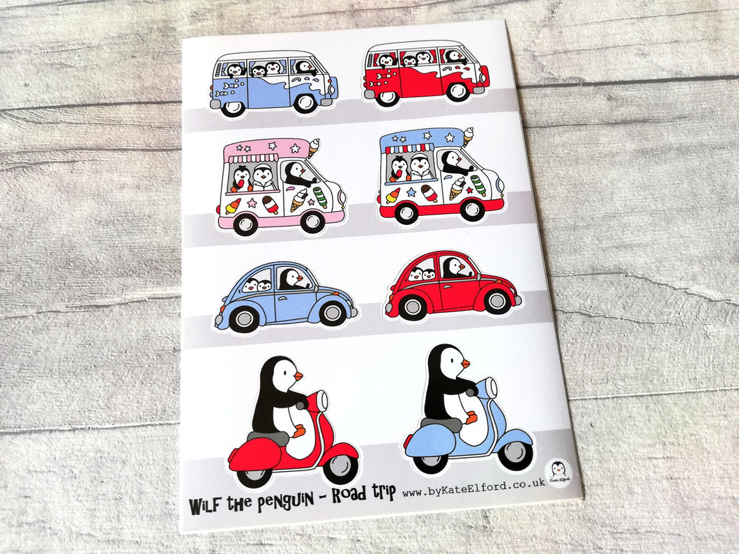 Road trip vinyl sticker sheet, Wilf the penguin