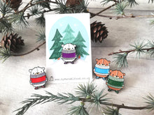 Load image into Gallery viewer, Four bears in jumpers enamel pins, polar bear brooch, brown bear, red, blue, green or purple winter jumper, cute enamel pins
