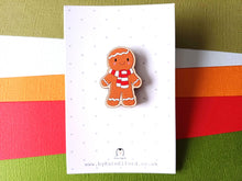 Load image into Gallery viewer, Christmas gingerbread pin, wooden pin brooch, Responsibly resourced wood, eco friendly. Christmas gingerbread man earing a red and white scarf