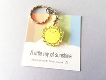 Load image into Gallery viewer, A little ray of sunshine keyring, mini cute positive key fob, friendship, thank you, postable, supportive, happy tiny recycled acrylic