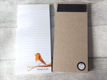 Load image into Gallery viewer, Robin shopping list notepad.It is lined with removeable pages A small robin design at the bottom with the words things to do. It has a magnetic strip on the back