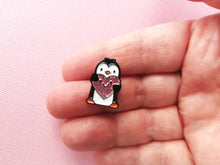 Load image into Gallery viewer, Little penguin and red or pink glitter heart pin. Cute penguin enamel pin. Sending love and a penguin
