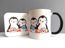 Load image into Gallery viewer, Mug and matching coaster, penguins drinking tea design