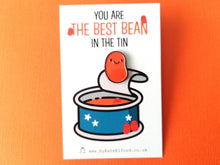 Load image into Gallery viewer, Cute orange happy baked bean enamel pin. The writing on the card reads you are the best bean in the tin