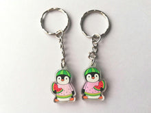Load image into Gallery viewer, Back and front of watermelon penguin keyrings to show that it is a matching design on both sides