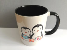 Load image into Gallery viewer, Penguin ceramic mug. Two penguins having a cup of tea design, black handle and black inside the mug