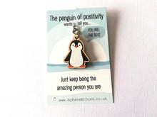 Load image into Gallery viewer, A cute and miniature wooden penguin keyring on a backing card with the wording the penguin of positivity wants to tell you, you are the best. Just keep being the amazing person you are