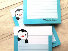 Load image into Gallery viewer, Penguin notepad, A6 note pad, waddle I do, small lined planner, cute jotter pad gift