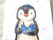Load image into Gallery viewer, Close up of a penguin notebook design. The painting is a penguin writing in a notebook