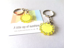 Load image into Gallery viewer, A little ray of sunshine keyring, mini cute positive key fob, friendship, thank you, postable, supportive, happy tiny recycled acrylic