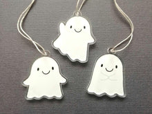 Load image into Gallery viewer, Set of three small recycled acrylic ghost hangers. Cute happy little ghost ornaments.