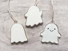 Load image into Gallery viewer, Ghost hanging decorations. Set of three small recycled acrylic ghosts. Cute happy little ghost ornaments.
