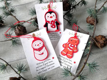 Load image into Gallery viewer, Christmas gift decorations. Red frosted acrylic penguin, snowman or gingerbread man. Cute happy Christmas tree ornaments