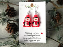 Load image into Gallery viewer, Christmas earrings, Red frosted acrylic, cute, sterling silver hooks, Christmas penguins in scarves