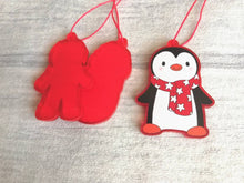Load image into Gallery viewer, Christmas gift decorations. Red frosted acrylic penguin wearing a red and white scarf with stars on. Cute Christmas tree ornaments