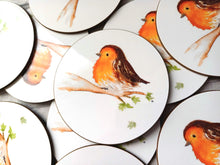 Load image into Gallery viewer, Lots of robin coasters. They are round glossy coasters. The image printed on the coasters is a watercolour fluffy robin sat on a branch with a few leaves and one leaf falling. The background is plain white.