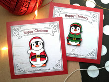 Load image into Gallery viewer, Happy Christmas Santa or elf penguin enamel pins, Father Christmas and smaller Christmas elf. Happy Christmas gift