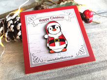 Load image into Gallery viewer, Happy Christmas Santa enamel pin, Father Christmas penguin with Happy Christmas printed on the backing card