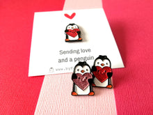 Load image into Gallery viewer, Little penguin and red or pink glitter heart pin. Cute penguin enamel pin. Sending love and a penguin