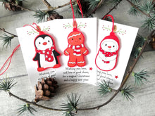 Load image into Gallery viewer, Christmas gift decorations. Red frosted acrylic penguin, snowman or gingerbread man. Cute Christmas tree ornaments
