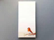 Load image into Gallery viewer, A tall thin robin lined notepad, with the words things to do