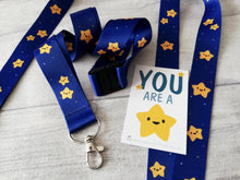 Load image into Gallery viewer, Gold star lanyards. Navy blue with yellow gold star. You are a star quick release, ID holder