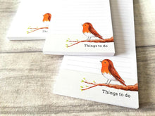 Load image into Gallery viewer, Robin tall shopping list notepad. Small watercolour robin painting at the bottom with the words things to do. The notepad is lined with easy removable pages
