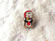 Load image into Gallery viewer, Christmas penguin wooden pin brooch, Cute little penguin badge, holding a Christmas stocking, eco friendly wood