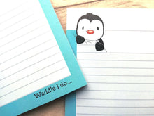 Load image into Gallery viewer, Penguin notepad, A6 note pad, waddle I do, small lined planner, cute jotter pad gift