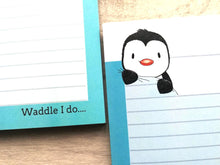 Load image into Gallery viewer, Penguin notepad, A6 note pad, waddle I do, small lined planner, cute jotter pad gift