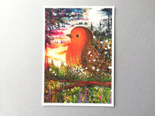 Load image into Gallery viewer, A busy painting of a robin surrounded by a night sky, a sunrise, trees, plants and flowers. The colours are subtly rainbow themed. It has a mystical look to the painting