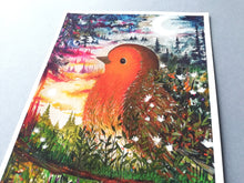 Load image into Gallery viewer, Close up of a busy painting of a robin surrounded by a night sky, a sunrise, trees, plants and flowers. The colours are subtly rainbow themed. The flowers are growing up round the robin
