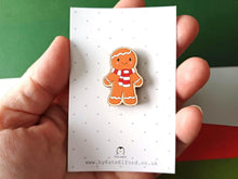 Load image into Gallery viewer, Christmas gingerbread pin wearing a red and white scarf, wooden pin brooch, Responsibly resourced wood, eco friendly