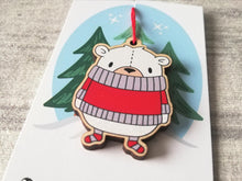 Load image into Gallery viewer, Polar bear Christmas decoration. Little wooden bear, small Christmas ornament, eco friendly ethically sourced wood