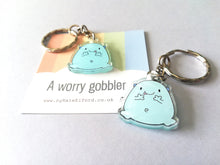 Load image into Gallery viewer, A worry gobbler keyring, cute positive mini key fob, friendship, hug, supportive, anti anxiety recycled acrylic