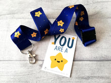 Load image into Gallery viewer, Gold star lanyard. You are a star quick release, ID holder, navy blue with gold star printed on it